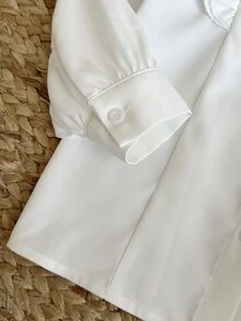SHEIN Young Girl Woven Solid Color 3D Bow Stand Collar Ruffle Casual Shirt,White Tops,Back To School,Long Sleeve Tops,White Tops - White - View 3