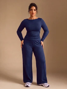 EMERY ROSE Plus Size Women Solid Color Pleated Long Sleeve Top And Pants Casual Daily 2 Pieces Set - Navy Blue - View 4