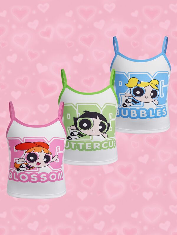 THE POWERPUFF GIRLS X SHEIN Young Girl Letter Cartoon Print Casual Daily Camisole Tank Top