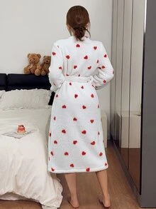Napfluff Women's Heart Print Soft Plush Comfortable Long Sleeve Robe - Red - View 2