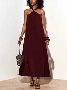 Zivah Women's Solid Color Halter Neck Long Dress For Vacation And Casual Wear - Rose Red - View 5