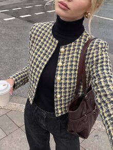 Struktiv Women's Plaid Tweed Round Neck Pearl Button Short Jacket, Elegant Office Wear For Spring And Autumn - Multicolor - View 1