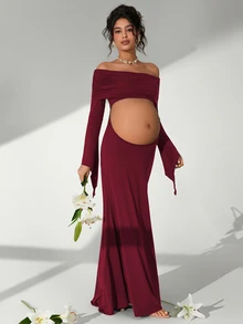Cheriluna Maternity 女款露肩抓皺短版上衣 長袖緊身 孕婦拍照拍攝用 - 酒紅色 - 查看 1