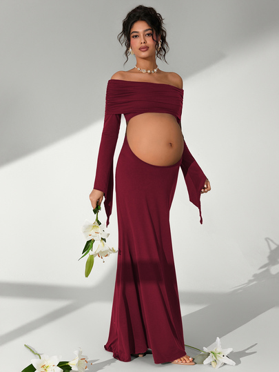 Cheriluna Maternity Women's Cold Shoulder Ruched Crop Top Long Sleeve Tight Maternity Photo Shoot Photoshoot Maternity Burgundy Fall And Winter Maternity Elegant Sexy