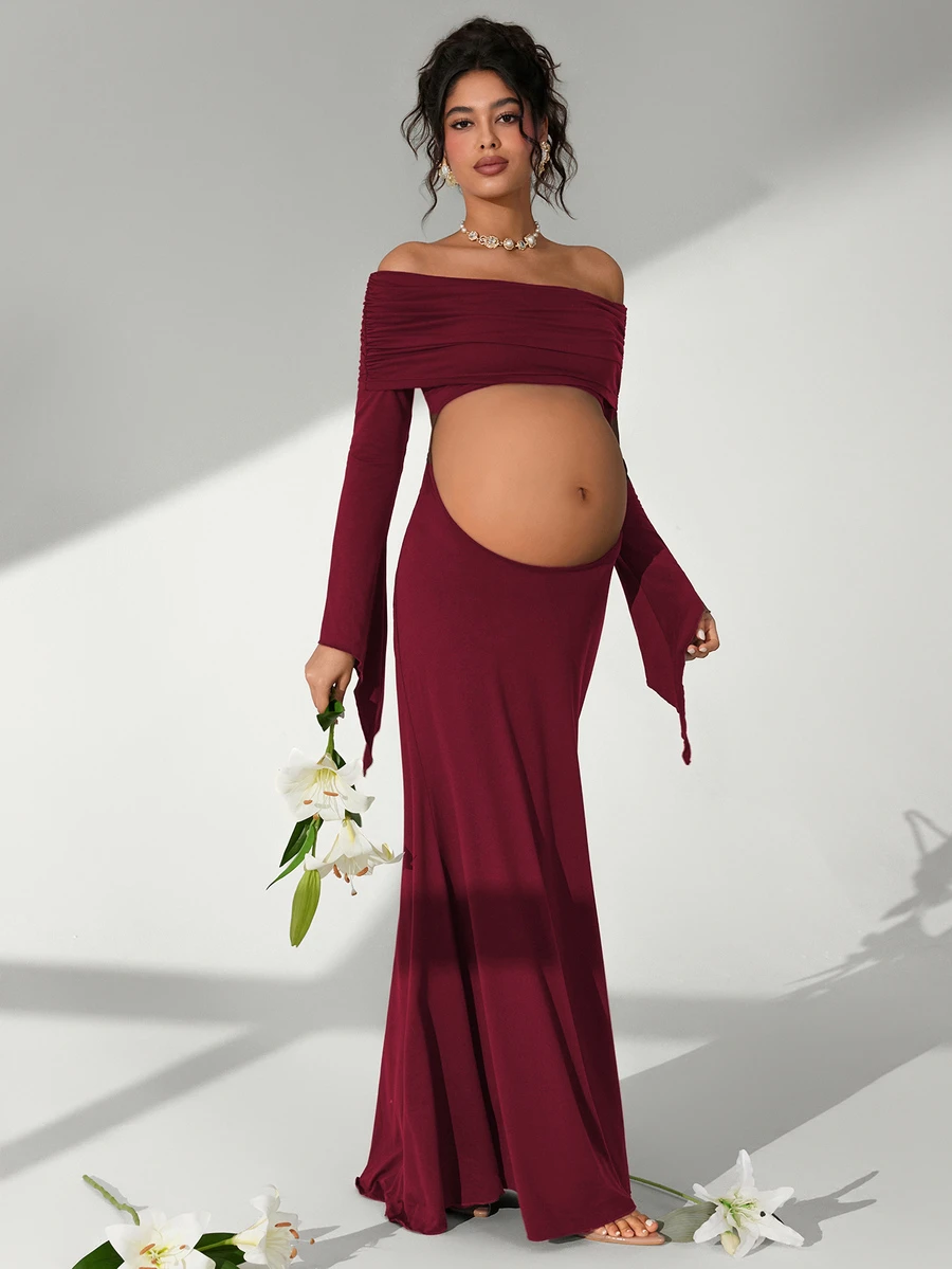 Cheriluna Maternity 女款露肩抓皺短版上衣 長袖緊身 孕婦拍照拍攝用 - 酒紅色 - 查看 1