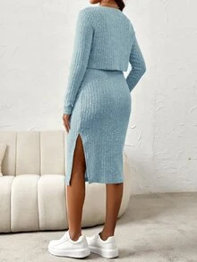 SHEIN 孕婦純色開衩設計細肩帶洋裝與長袖開襟衫休閒兩件套 - 淺藍色 - 查看 2