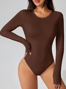 SHEIN PETITE 純色長袖修身白色T恤連身褲 - 棕色 - 查看 9