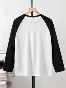 SHEIN 青少年男孩休閒黑白拼色半開襟長袖套頭T恤 - 黑與白 - 查看 3
