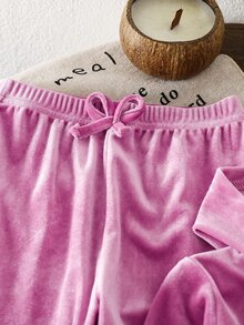 SHEIN Vintaside Kids 女童天鵝絨連帽長袖外套與長褲套裝，適合秋冬穿著，時尚百搭，穿著舒適 - 玫紅色 - 查看 5