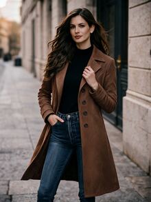 LUMIGAL Women French Style Coffee Brown Long Sleeve Coat, Elegant Faux Suede Pocket Winter Outerwear For Christmas Halloween New Year Party And Commute - Coffee Brown - View 6