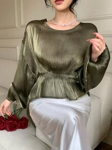 DAZY 青少年女孩優雅純色燈籠袖收腰上衣 秋季 - 綠色 - 查看 8
