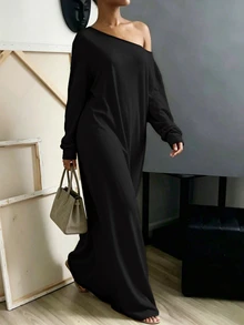 INAWLY Solva Gaun Wanita Serbaguna Minimalis Warna Polos dengan Bahu Asimetris untuk Liburan - Hitam - View 5