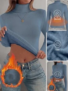 Franclia European & American Autumn/Winter Fashion All-Match Versatile High Neck Thickened Fleece One-Piece Slim Fit Long Sleeve Knit Inner Layer Base Layer - Dusty Blue - View 6