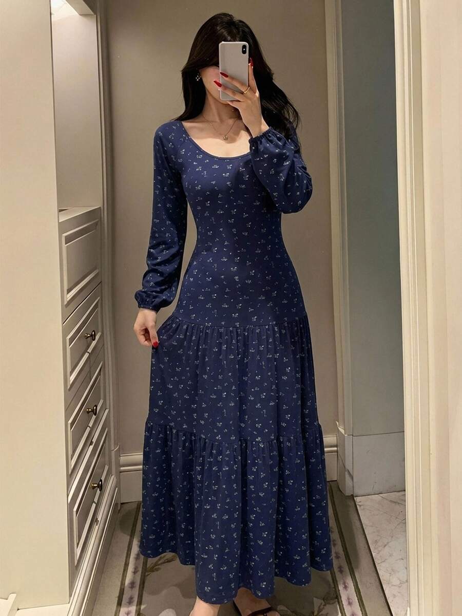 DAZY 度假風小碎花細肩帶長款女式睡裙 - 藍色 - 查看 1