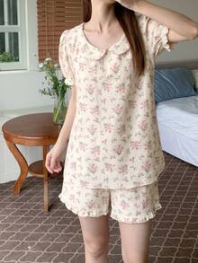 DAZY Women's Floral Print Top And Shorts Cute Pajama Set - Beige - View 7