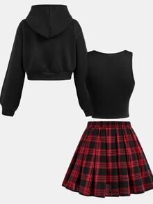 SHEIN Girlism Moletom com Zíper Preto para Adolescentes, Colete de Tricô Solto, Saia Plissada Xadrez Vermelha e Preta, Conjunto de 3 Peças Casual para Escola - Multicolorido - Visão 2