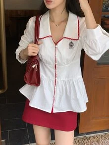 DAZY Women's Colorblock Pleated Casual Versatile Daily Wear Shirt Fall Vacation - White - View 6