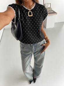 Siren Gaze Women's Vintage Shell Embroidery Polka Dot Knit Top - Black - View 6