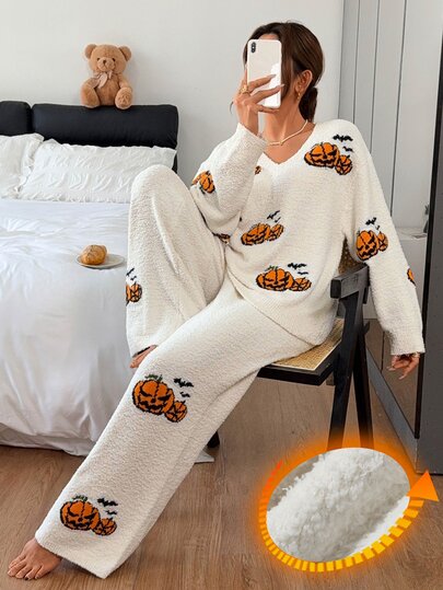 DAZY 2pcs Pumpkin Pattern Knit Loose Long Sleeve Top & Long Pajama Pants Set, Women's Halloween Autumn/Winter Sleepwear