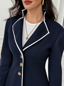 Medorina Mantel Wanita Bergaya Colorblock, Elegan, Preppy, Serbaguna untuk Pemakaian Sehari-hari, Kantor, Biru Tua, Musim Gugur - Navy Blue - View 2