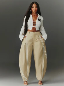 NYA SZN Women's Striped Pocket Loose Casual Curved Leg Pants - Khaki - View 3