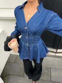 Siren Gaze Women's Autumn Fashion Waist-Cinching Denim Top, Fall Winter Casual Elegant V-Neck Blouse, Office, Commuter, Vacation, Formal Wear, Sexy Top, Cute. - Blue - View 2