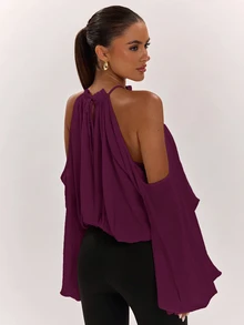 SHEIN BAE 女款純色露肩休閒百搭日常穿著襯衫 - 中紫紅色 - 查看 2