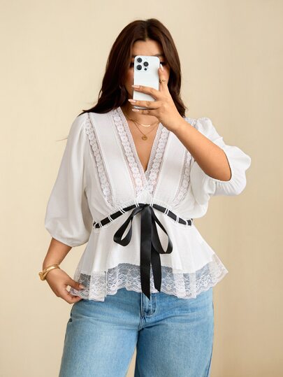 Edennvi Plus Size Women's White Deep V-Neck Lace Patchwork Waist-Cinching Blouse, Navy Blue Tie-Front Puff 3/4 Sleeve Ruffle Hem Crop Top, Soft Vacation Slimming