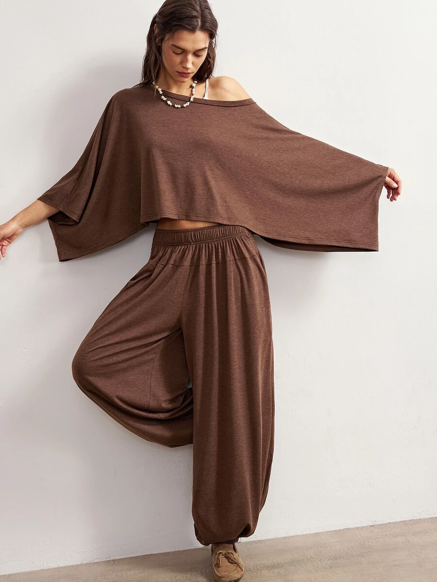 Bohemela Women's Solid Color Asymmetrical Shoulder Batwing Sleeve Top And Lantern Pants Casual 2 Pieces Set - Coffee Brown - View 1