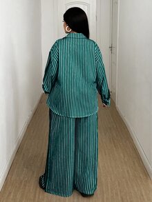 Maweii 秋冬條紋通勤簡約襯衫 寬鬆休閒印花大尺碼長褲 女款兩件套 - 墨綠色 - 查看 4