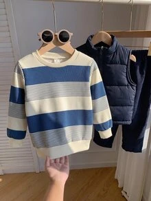 SHEIN 3pcs/Set Young Boy Autumn/Winter Cute Casual Versatile Fleece Lined Thick Vest Jacket, Khaki Striped Sweatshirt, Tracksuit Joggers Long Pants, Suitable For Indoor, Outdoor, Daily, Sports, Play, Party, Photo, Vacation, Holiday - Navy Blue - View 8