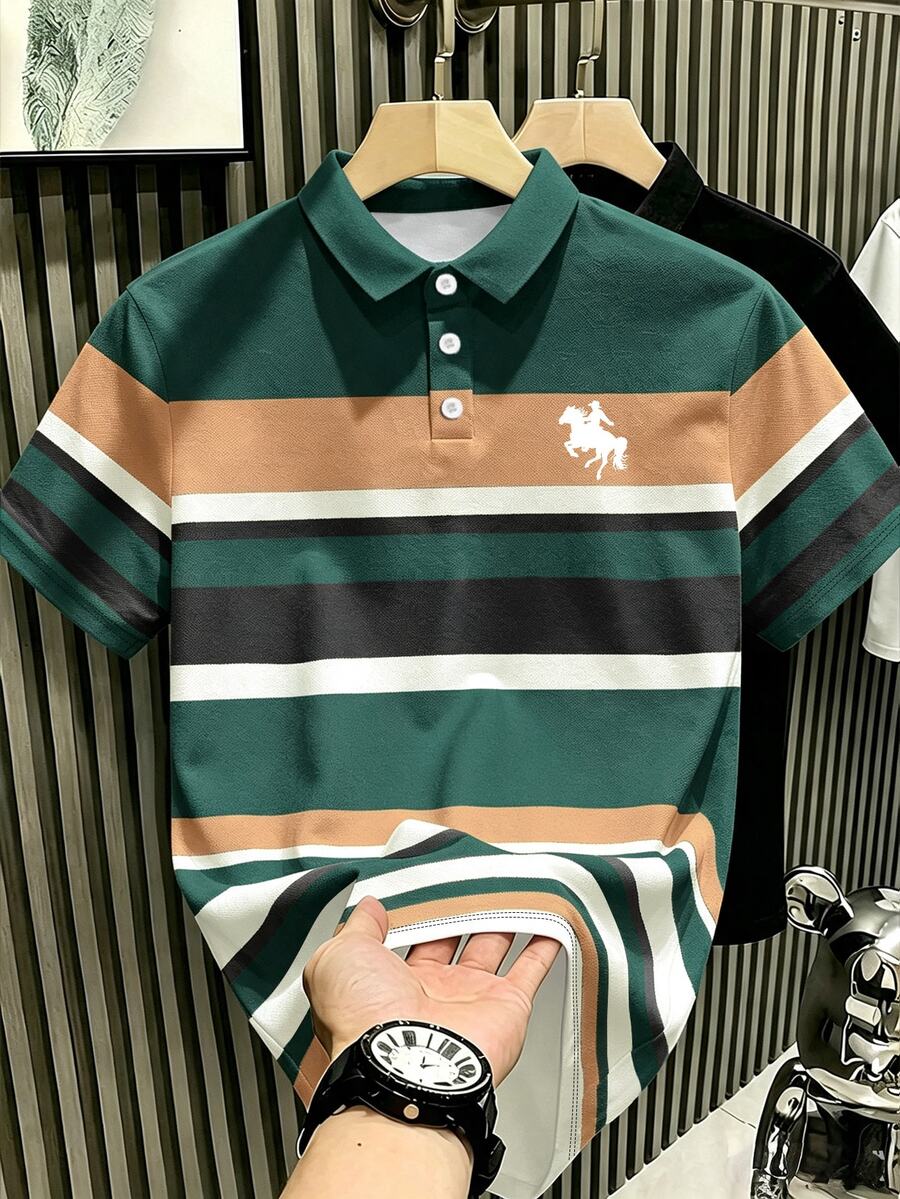 Manfinity Hypemode 美式復古經典風彩色條紋小馬Logo印花 Polo 衫,學院風休閒夏季上衣,男女款圖案 T 恤,適合日常穿著、休閒度假,短袖 - 彩色 - 查看 1