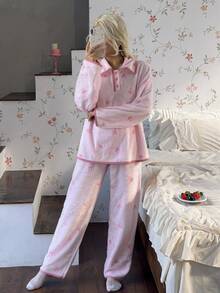 CottageSlumber Set Piyama Wanita Musim Gugur/Dingin, Motif Garis-Garis Mewah, Pita, Trim Blok Warna, Kerah Kancing Setengah - Baby Pink - View 4