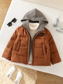 SHEIN معطف شتوي مبطن سميك للأطفال والأولاد الصغار، مريح وفضفاض وعملي، بلون سادة متعدد الاستخدامات، بغطاء رأس وسحاب - بني - مشاهدة 1