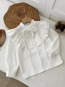 SHEIN Young Girl Woven Solid Color 3D Bow Stand Collar Ruffle Casual Shirt,White Tops,Back To School,Long Sleeve Tops,White Tops - White - View 5
