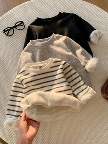 SHEIN 男嬰條紋圖案針織柔軟圓領長袖套頭衛衣 3 件套，百搭舒適 - 彩色 - 查看 8