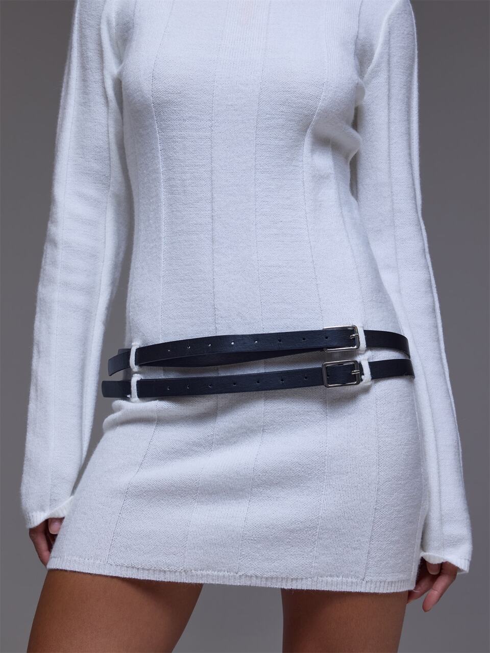 White Knit Funnel Neck Double Belt Detail Mini Dress