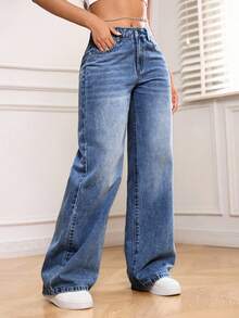 SHEIN PETITE Women's Casual Versatile Daily Travel Denim Jeans With Pockets And Buttons - Medium Wash - View 5
