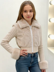 SHEIN Tween Girls Coat, Casual Fuzzy Patchwork Thermal-Lined Ribbed Fabric Jacket, Crop, Loose, Comfortable, Knit, Fall Clothes, Halloween, School - Grey - View 9
