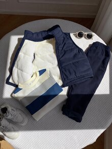 SHEIN 3pcs/Set Young Boy Autumn/Winter Cute Casual Versatile Fleece Lined Thick Vest Jacket, Khaki Striped Sweatshirt, Tracksuit Joggers Long Pants, Suitable For Indoor, Outdoor, Daily, Sports, Play, Party, Photo, Vacation, Holiday - Navy Blue - View 9