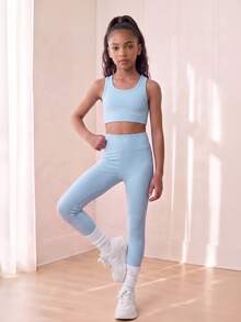SHEIN 青少年女孩運動套裝 羅紋布料 寬鬆運動夾克 運動上衣 運動短褲 緊身高彈性四向伸展 健身運動 淺藍色 夏季 - 藍色 - 查看 7