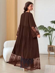 Yasmyna Women's Black V-Neck Lace Embroidered Patchwork Cardigan Long Robe, Layered Patchwork Flared Long Robe For Spring/Autumn Daily Commute And Dating - Coffee Brown - View 2