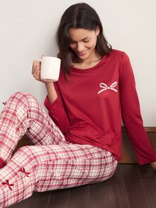 Doze Lane Women's Bow Print Round Neck Long Sleeve Plaid Casual Pajama Set - Red - View 1