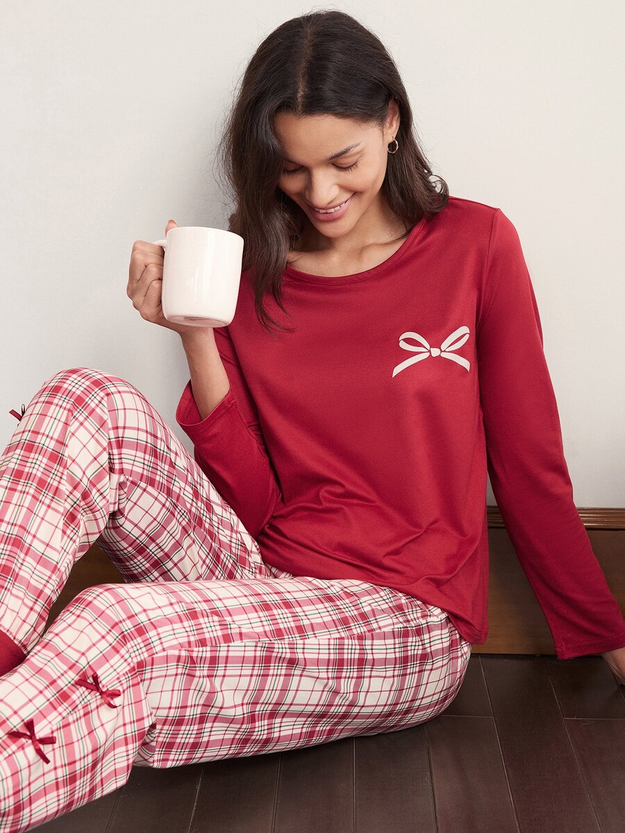 Doze Lane Women's Bow Print Round Neck Long Sleeve Plaid Casual Pajama Set - Red - View 1
