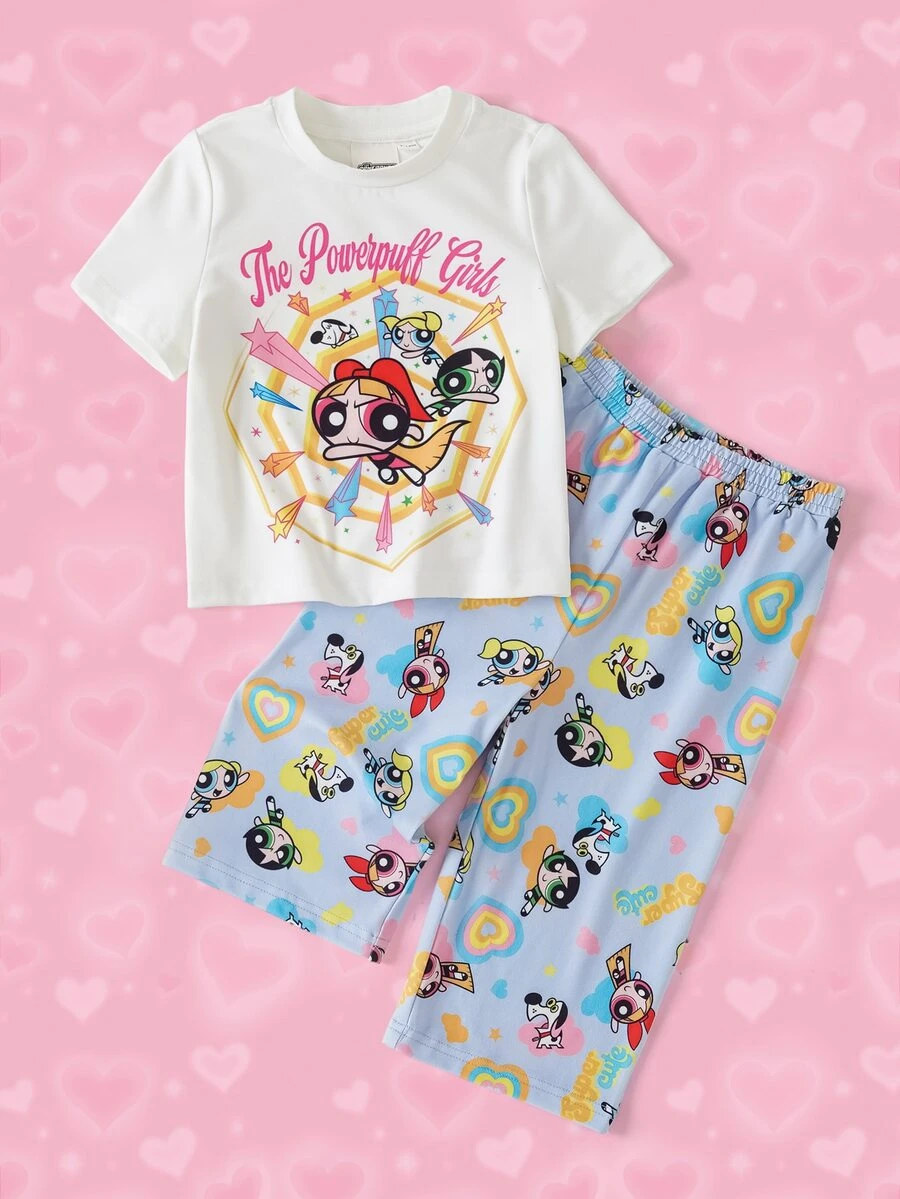 THE POWERPUFF GIRLS X SHEIN Baby Girl Cartoon Print T-Shirt And Pants Set - White - View 1