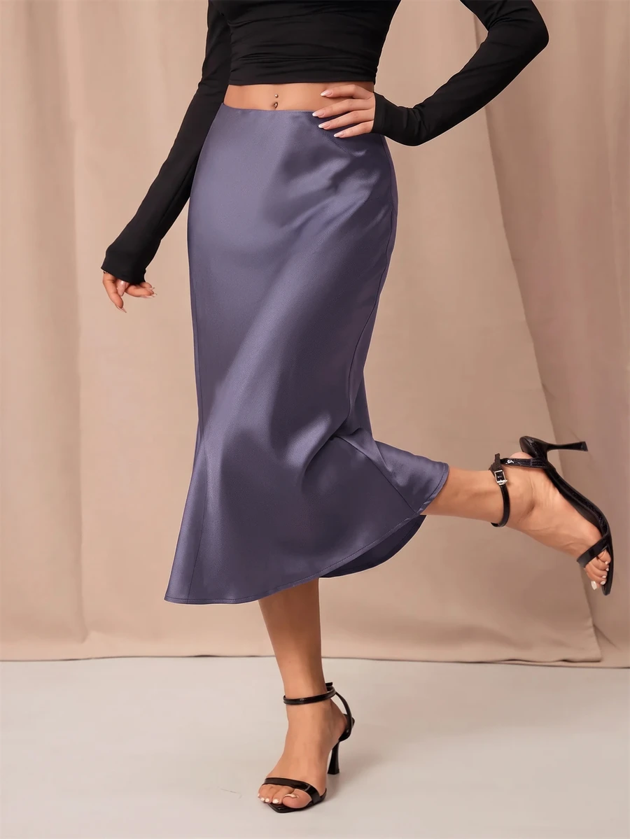 SHEIN PETITE 黑色高腰純色緞面質感裙,適合舞蹈與日常穿著 - 灰色 - 查看 1