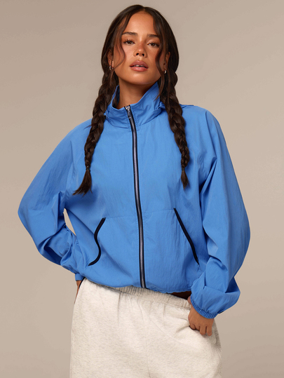 Athîral Women's Casual Loose Long Sleeved Stand Up Collar Solid Color Blue Jacket, Suitable For Daily Wear, Dating, Sports, Outdoor, Gym, Jogging Sports Jacke