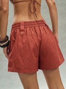 Bohemela Celana Pendek Kasual Serbaguna untuk Wanita, Warna Polos, untuk Sehari-hari - Coklat - View 5