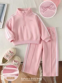 Cozy Pixies 女嬰秋冬抓絨個性化時尚刺繡字母拉鍊連帽外套與長褲兩件套，適合外出、居家及其他場合 - 粉色 - 查看 2