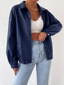 SHEIN EZwear 秋冬款落肩拉鍊PU短版皮夾克 - 藏蓝色 - 查看 5